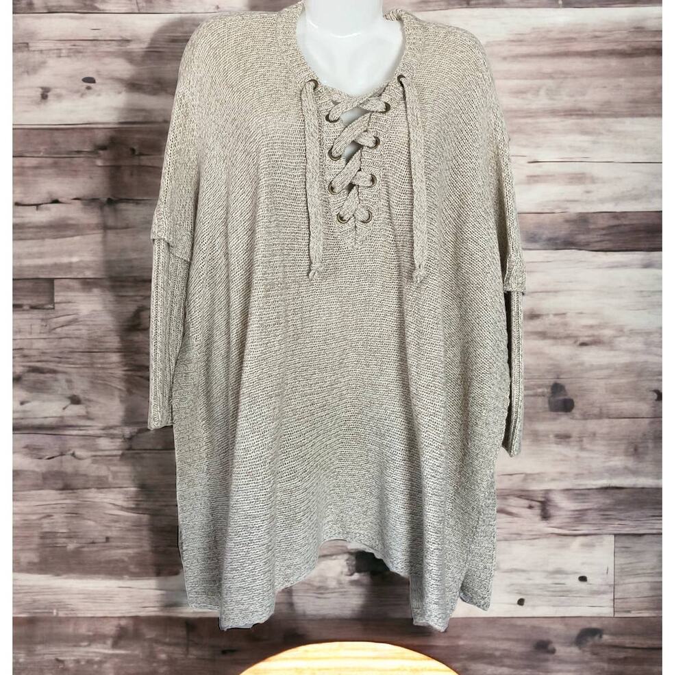 ALYA Women's Cream/Oatmeal Lace Up Oversized Long Slv Poncho/Sweater | Size S-M